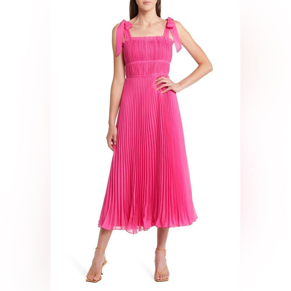 ADELYN RAE Bianca Pleated Organza Midi Dress in Hot‎ Pink Sz S